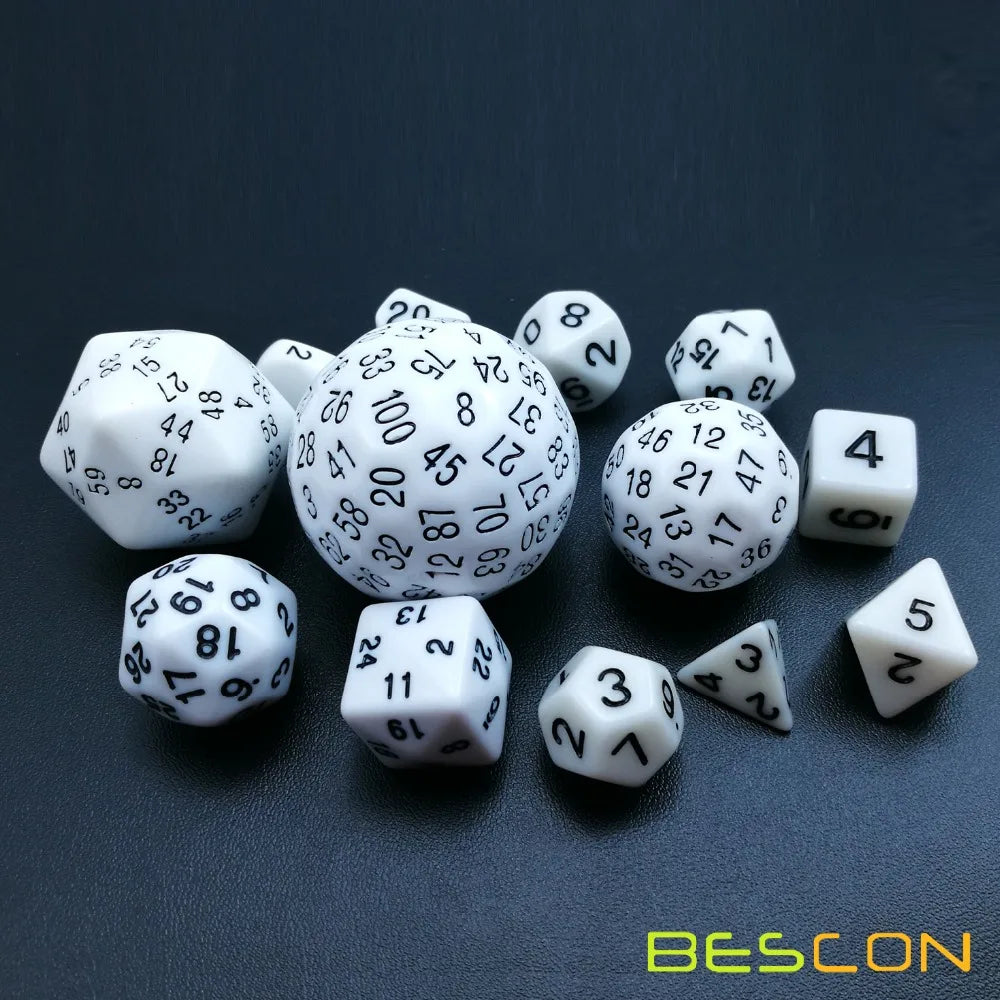 Bescon jeu de dés polyédriques complet 13 pièces D3-D100, jeu de dés 100 côtés blanc opaque