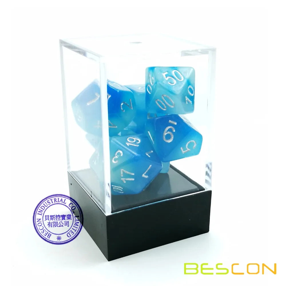 Bescon Gemini Glowing Polyhedral Dice 7pcs Set ICY ROCKS, Luminous RPG Dice Set d4 d6 d8 d10 d12 d20 d%, Brick Box Packaging