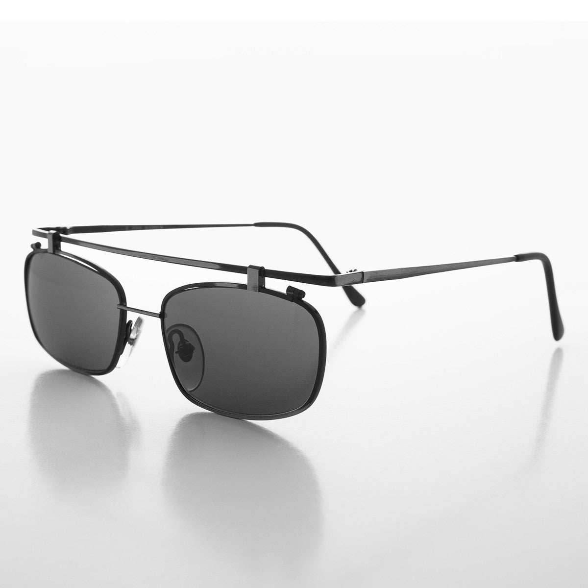 Flat Top Rectangular Metal Steampunk Vintage Sunglass - Hugo - Antique Gun Metal / Gray Lens