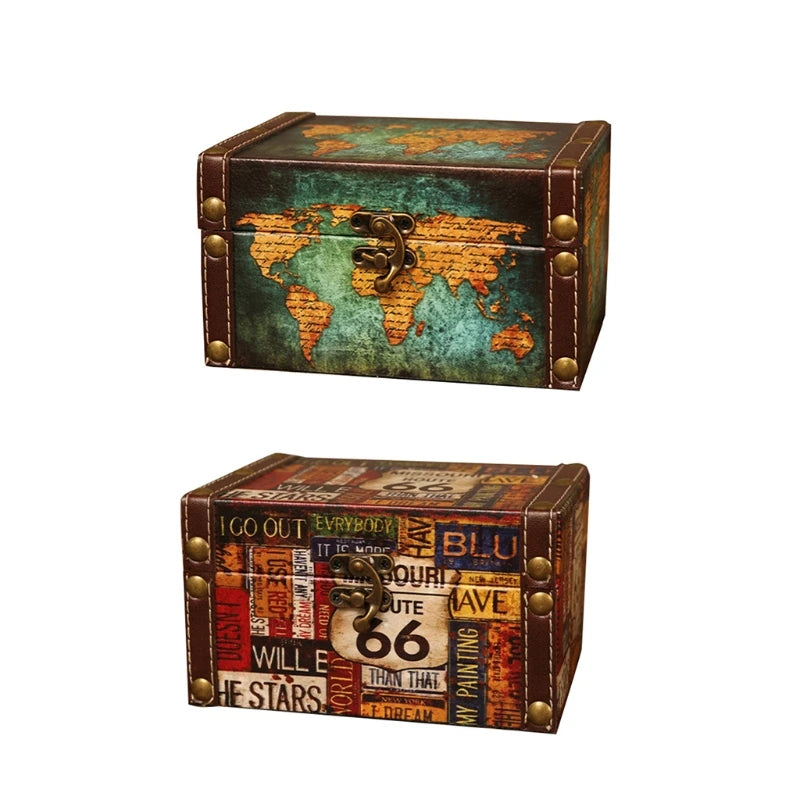 G5GB European Vintage Jewelry Storage Box Multipurpose Antique Wooden Pirate Treasure Chest World Map Letters Keepsake Case