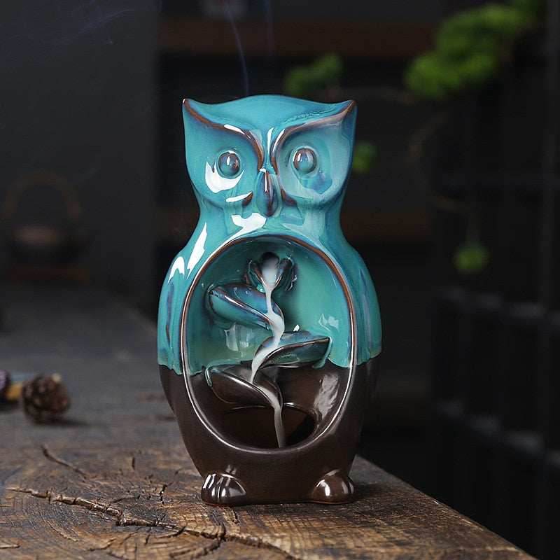 Ceramic Owl Waterfall Animal Backflow Incense Burner - Blue
