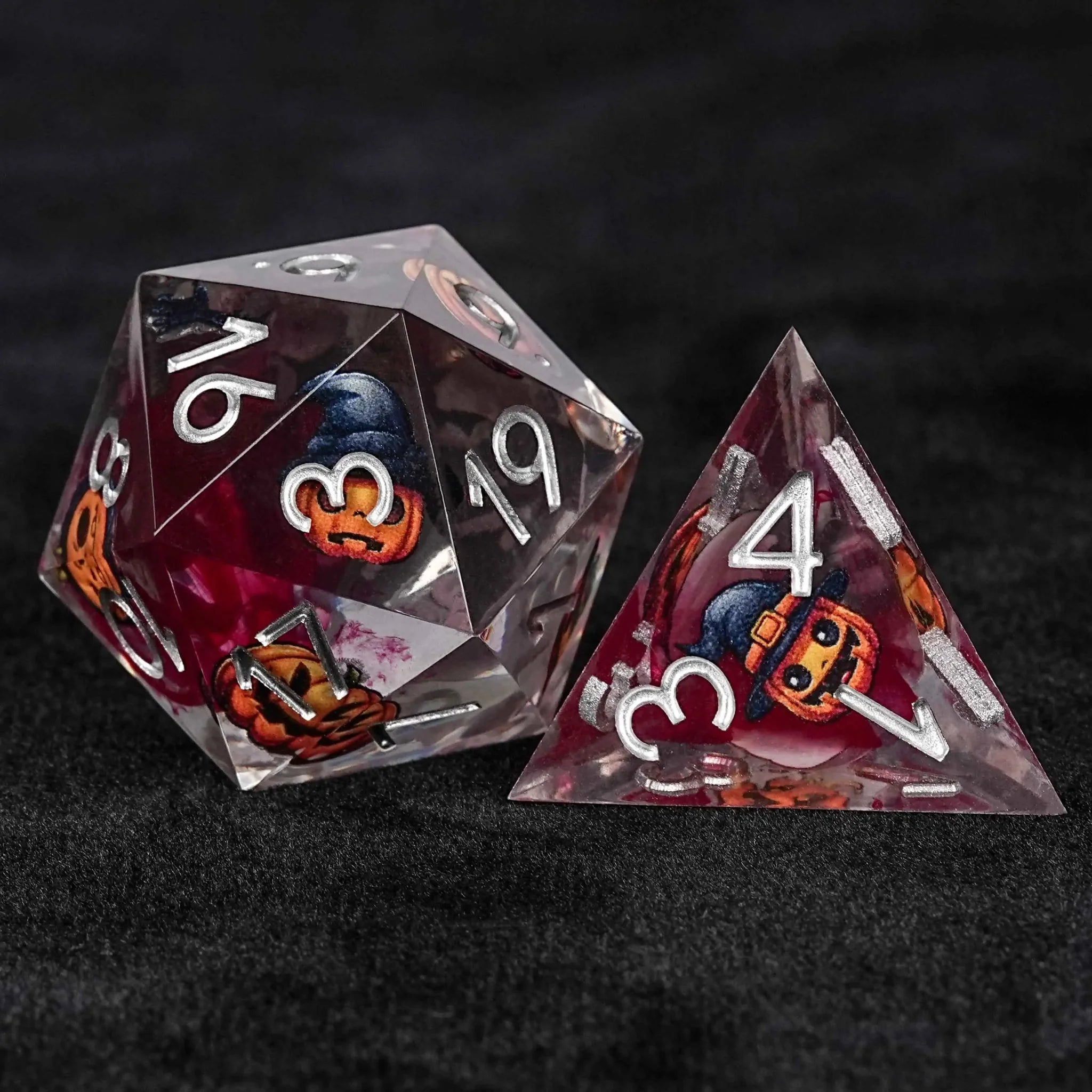 Halloween Gift: Pumpkin Monster Blood Resin DND Dice Set + Silver Numbers