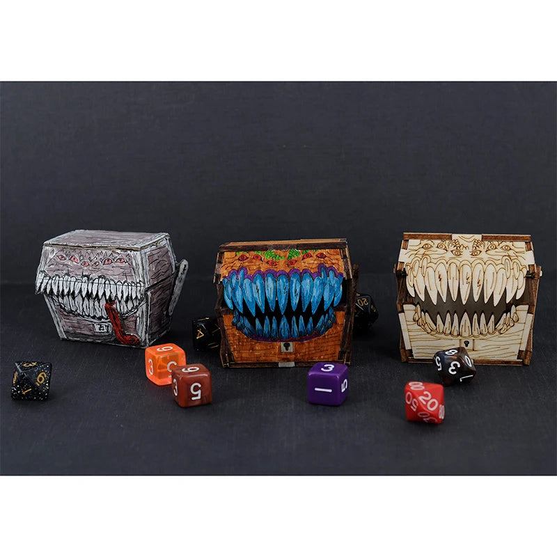DND Mimic Chest Dice Jail Prison  Wood Laser Cut and Etched Dice Storage Box