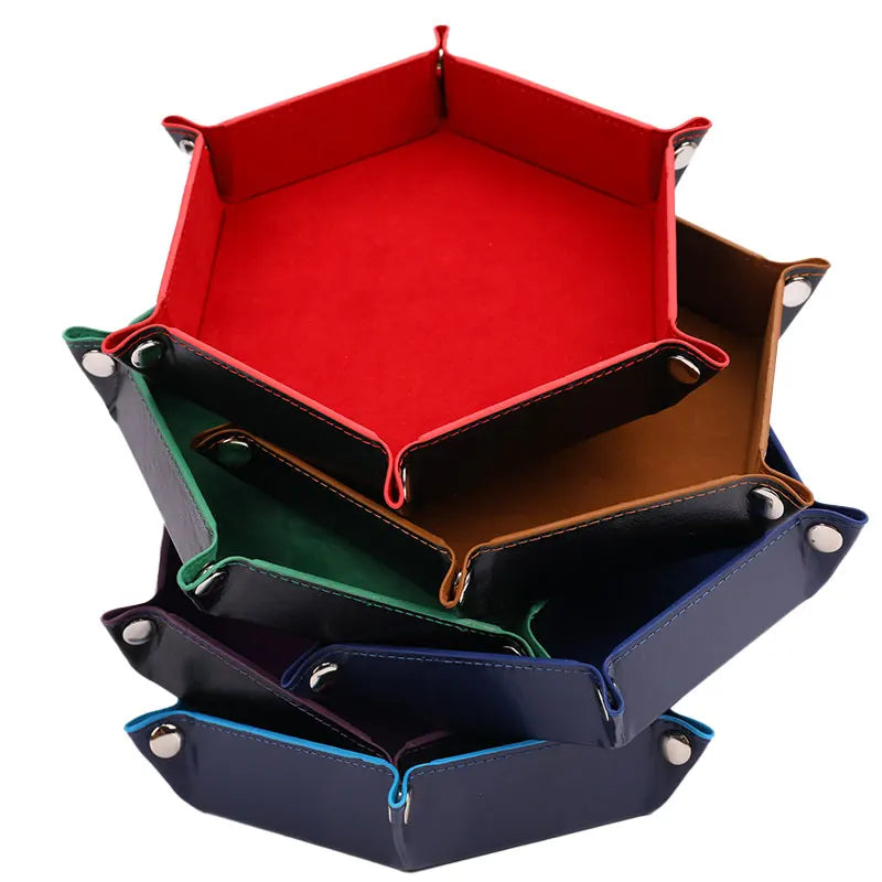 Caja de bandeja para dados plegable de cuero PU, bandeja cuadrada hexagonal plegable para monedas, juego de dados en 6 colores