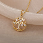 Zircon Tree of Life Round Pendant Necklaces For Women Stainless Steel Chain Choker Rhinestone Collar Jewelry Gift Femme