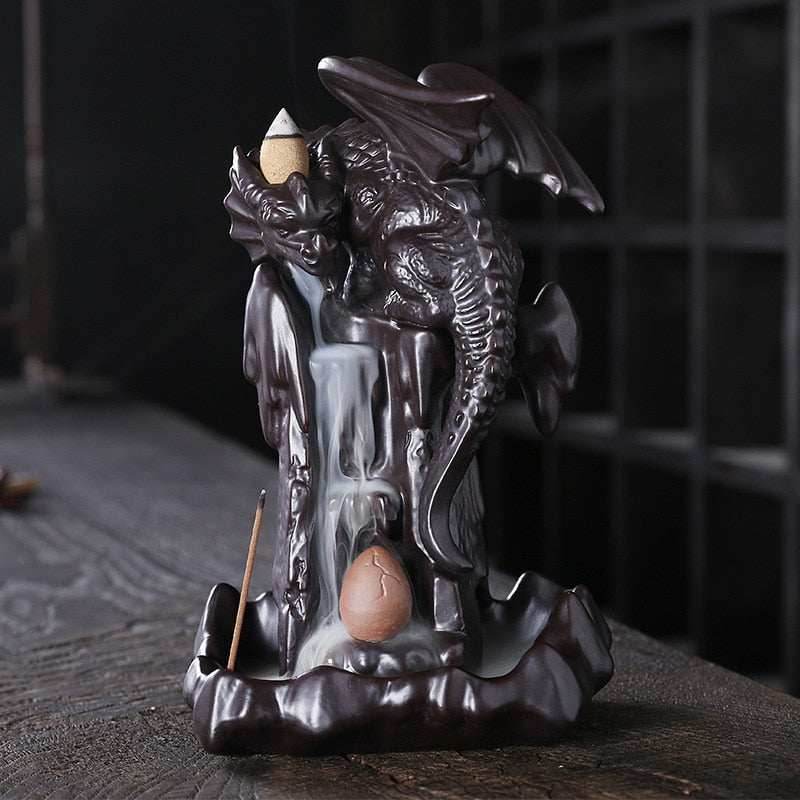 Dragon Waterfall Backflow Incense Burner Holder With LED Light Zen Crystal Ball - 