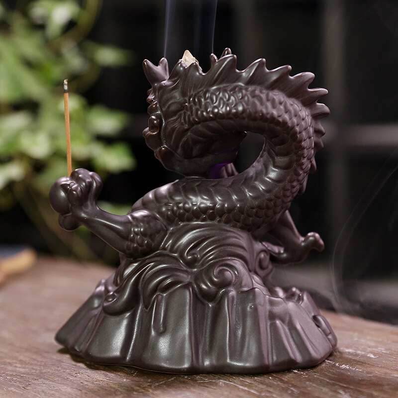 Ceramic Dragon Backflow Incense Burner With Crystal and Stick Holder - 