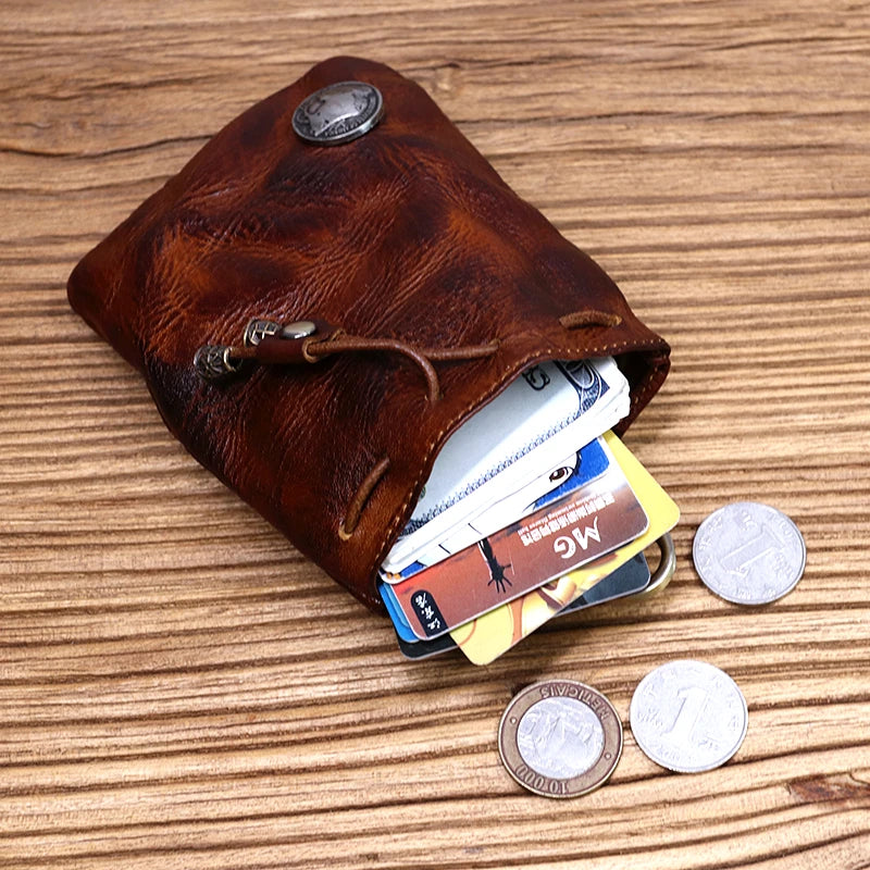 Porte-monnaie en cuir véritable pour femmes et hommes, Vintage, fait à la main, petit sac de rangement de poche à cordon avec porte-clés et porte-cartes