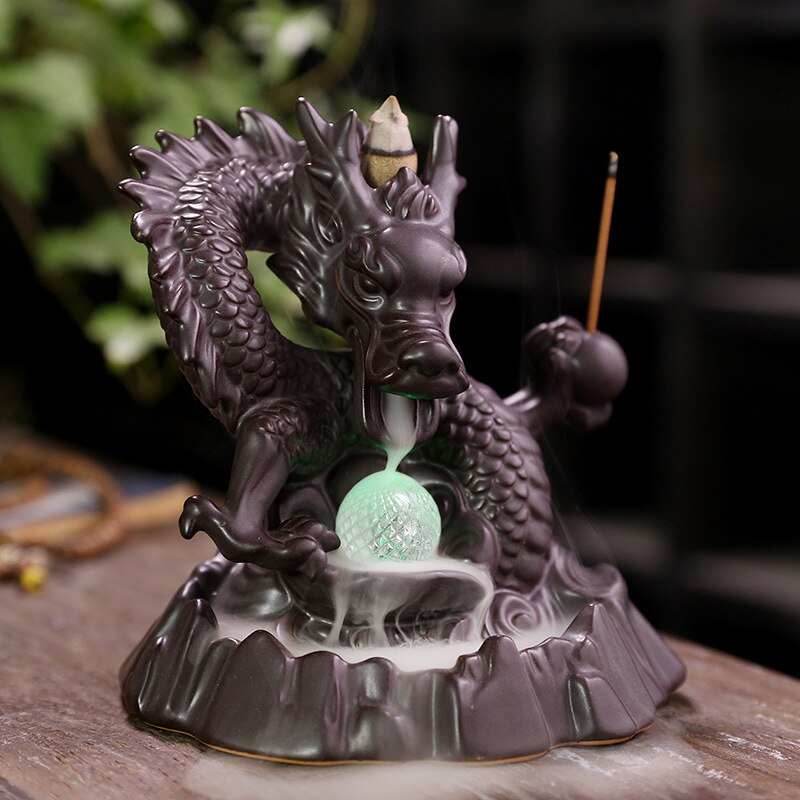 Ceramic Dragon Backflow Incense Burner With Crystal and Stick Holder - 