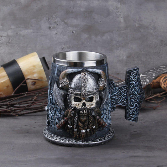 Amante vikingo festín jarra guerrero calavera decoración nórdica
