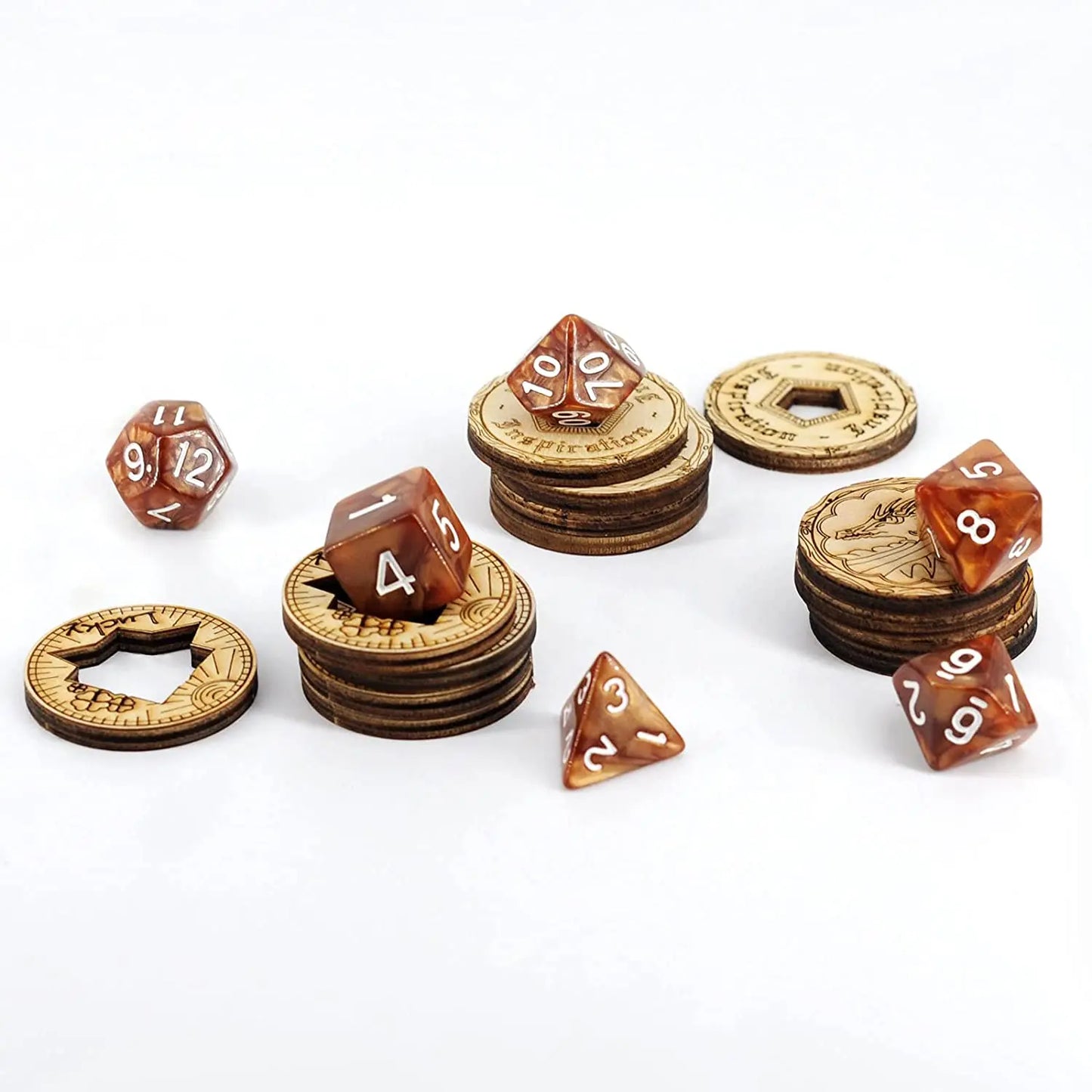 D&D Inspiration Coin Tokens Laser Cut Wood Carved with Dragon & Ship Rudder (Set of 9) Board Games for Adults