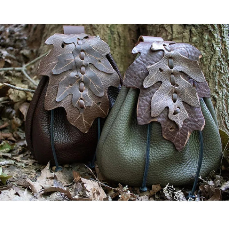 Sac de ceinture en cuir à motif de feuilles pour femmes, sac de ceinture médiéval européen, sac de poche Vintage Pixie Elf Viking, accessoire de Costume