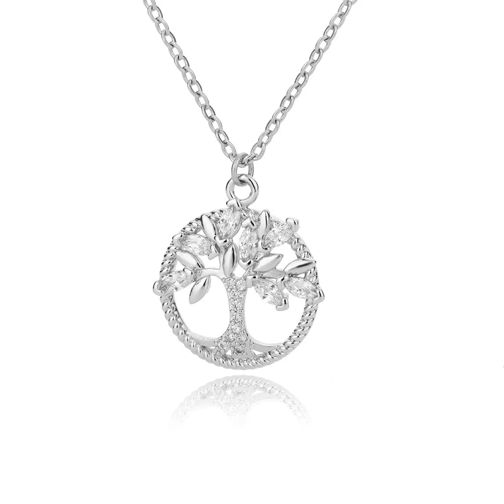 Zircon Tree of Life Round Pendant Necklaces For Women Stainless Steel Chain Choker Rhinestone Collar Jewelry Gift Femme