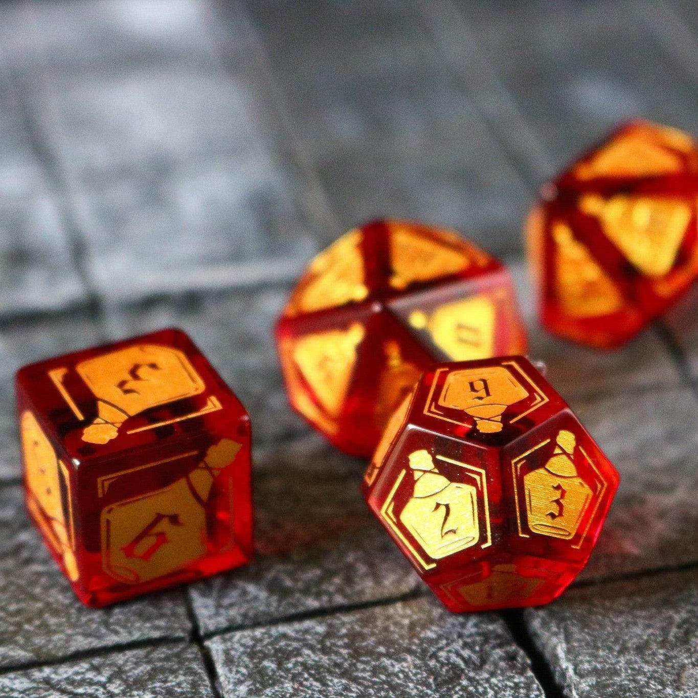 Health Potion Red Zircon Glass DND Dice Set - Full Set And Free Dice Box