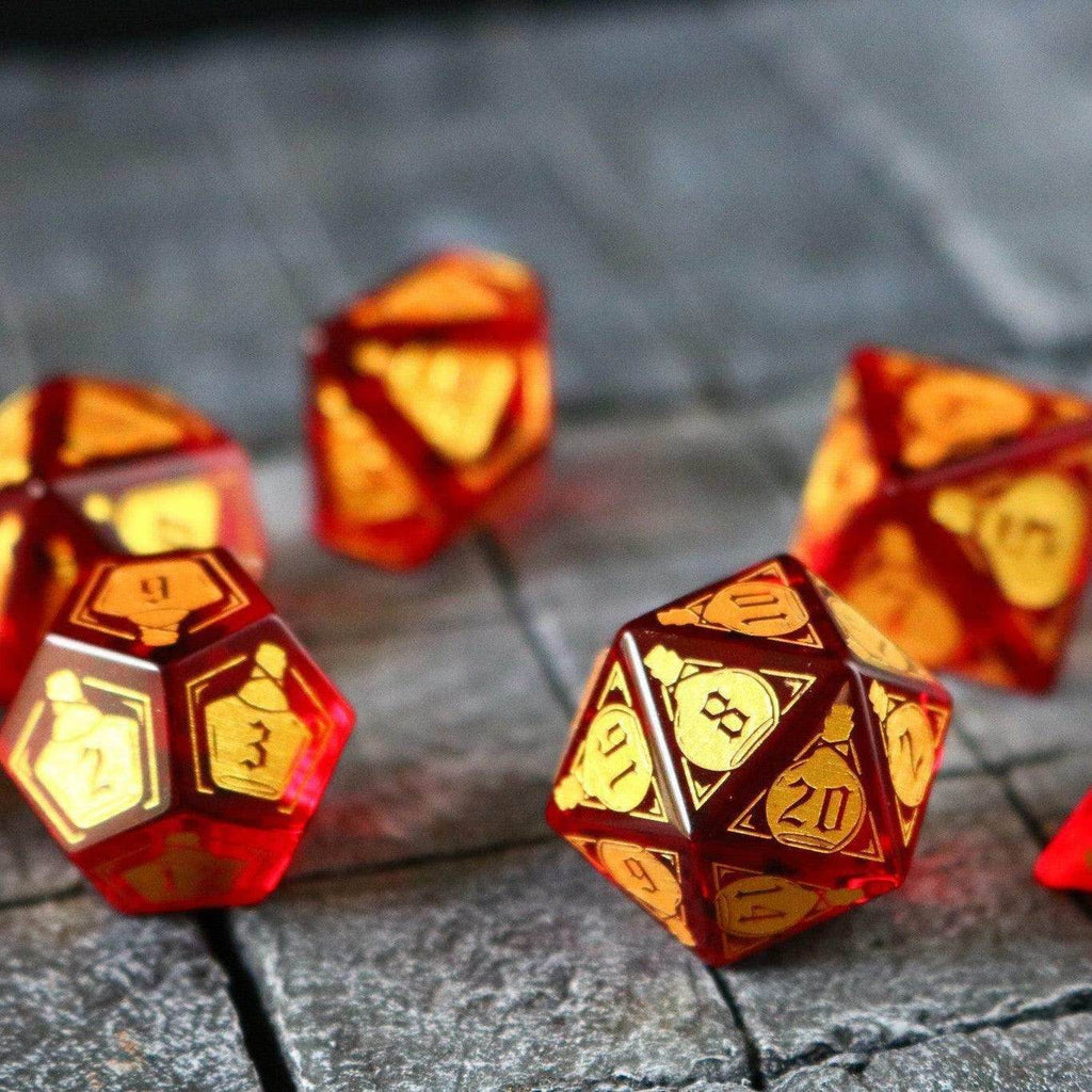 Health Potion Red Zircon Glass DND Dice Set - Full Set And Free Dice Box