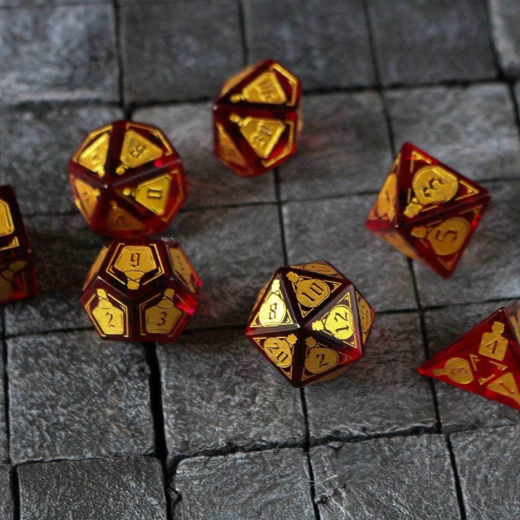 Health Potion Red Zircon Glass DND Dice Set - Full Set And Free Dice Box
