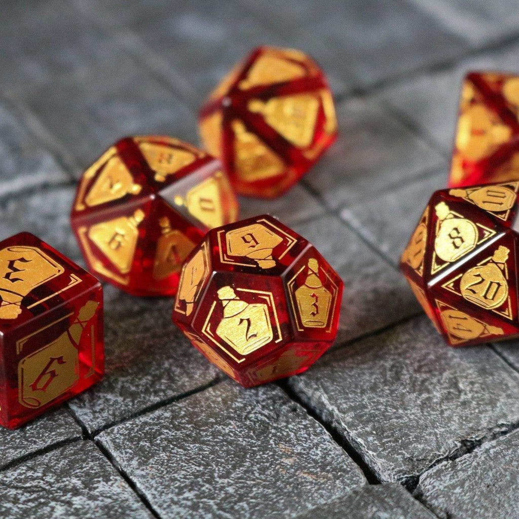 Health Potion Red Zircon Glass DND Dice Set - Full Set And Free Dice Box
