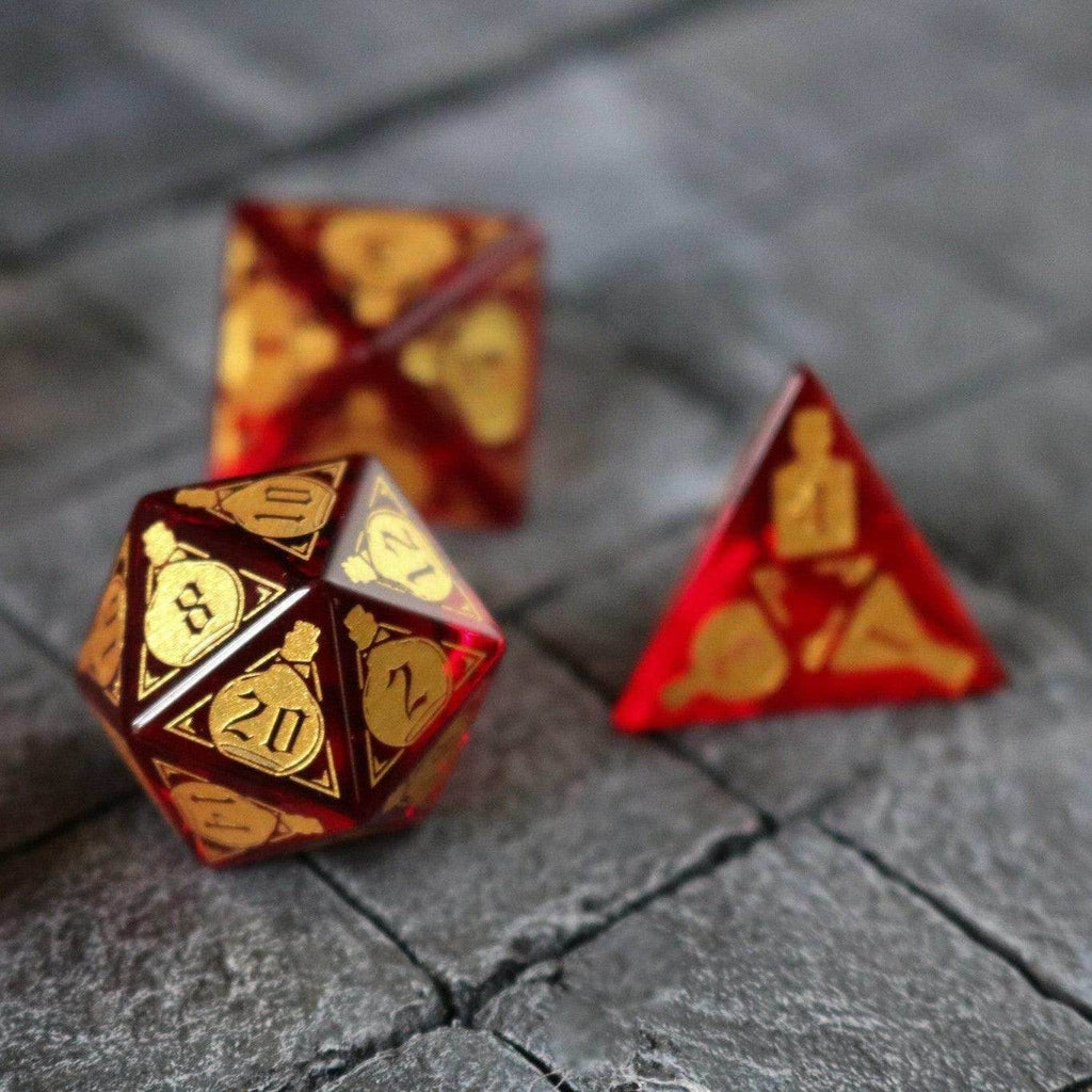 Health Potion Red Zircon Glass DND Dice Set - Full Set And Free Dice Box