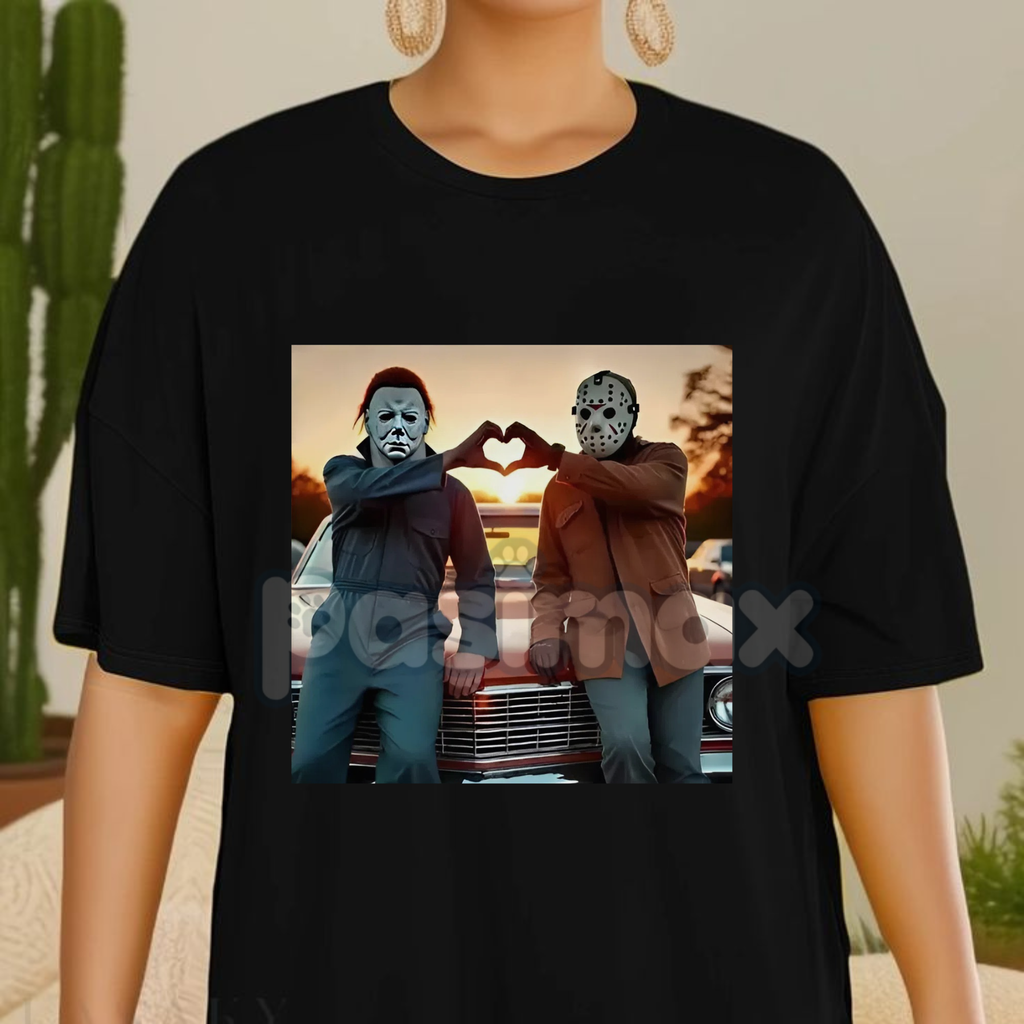 "Heart Hands But Make It Horror" T-Shirt - Funny Michael & Jason 90s Retro Meme Tee, Unisex Halloween Slasher Shirt