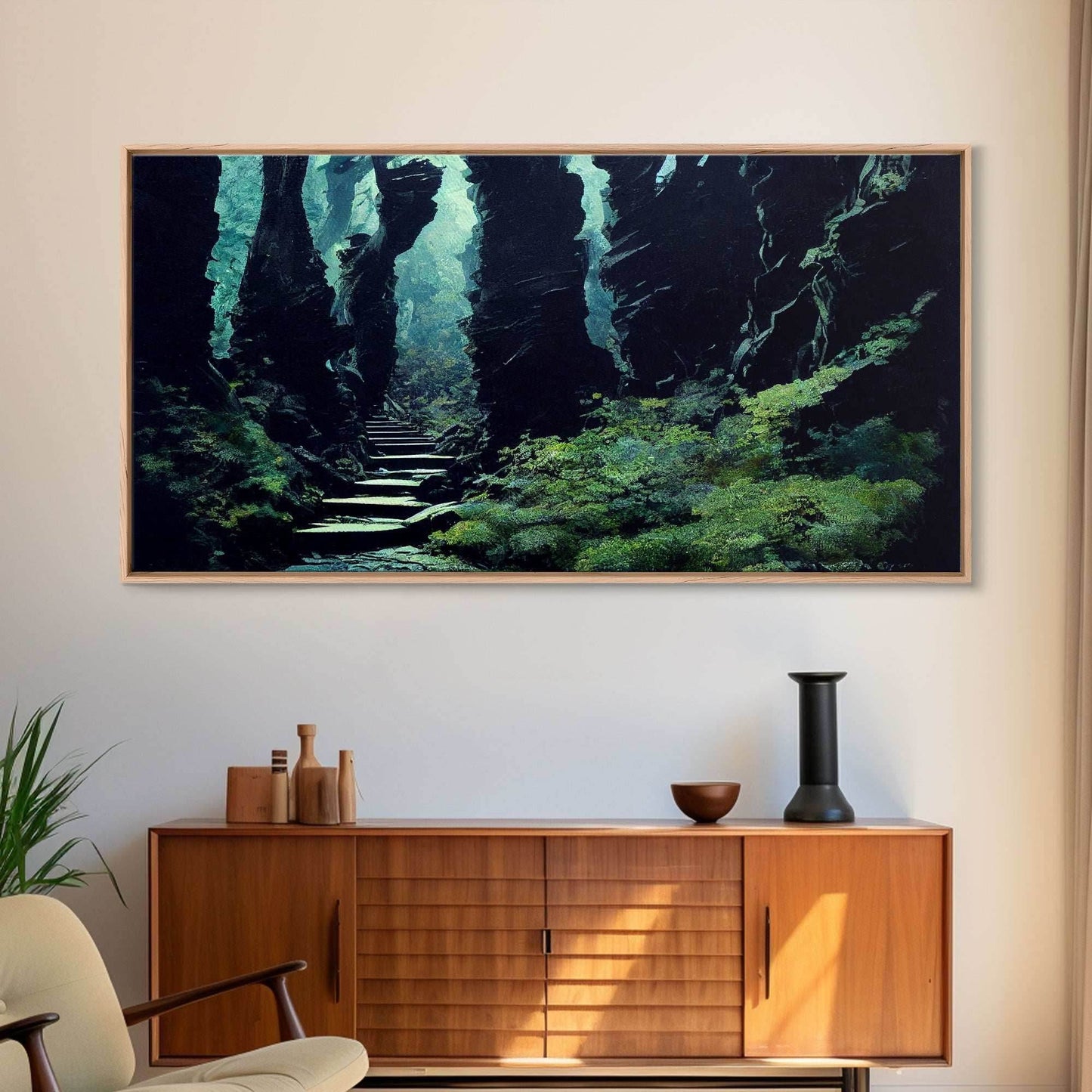 Fantasy Forest with Temple Steps, Wall Decor, Ready To Hang Framed Canvas Print, Oversize Wall Art - 10x20 Inches / Gallery Wrap Canvas - Ready To Hang