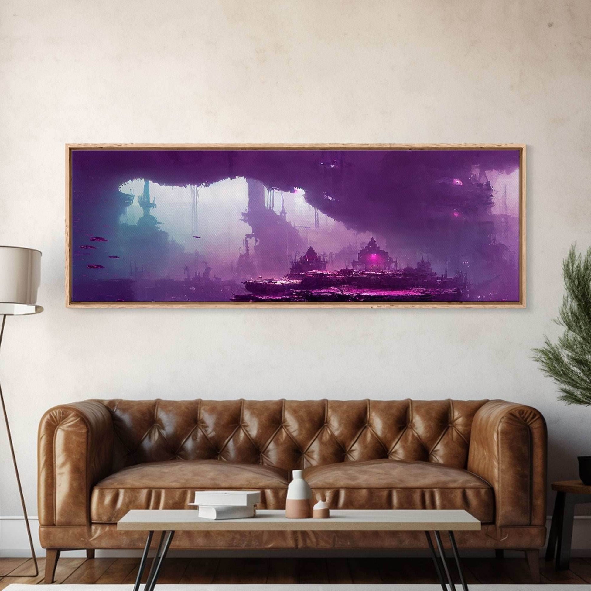 Panoramic Fantasy Underwater City, Purple Art, Extra Large Wall Art, Framed Panoramic Canvas Print, Framed Wall Decor - 10x30 Inches / Gallery Wrap Canvas - Ready To Hang