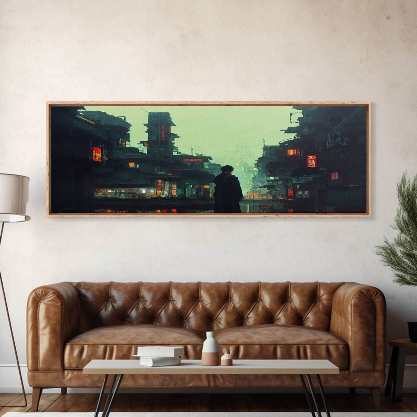 80s style Cyberpunk Japanese City, Retro Punk Tokyo, Framed Canvas Print, Framed Wall Art, Large Panoramic Wall Decor - 10x30 Inches / Gallery Wrap Canvas - Ready To Hang