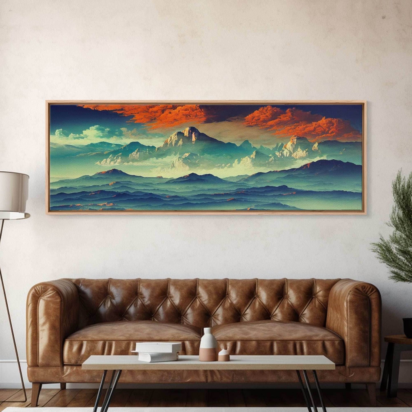 Beautiful Fantasy Mountain Landscape With Orange Clouds, Framed Canvas Print, Ready To Hang Panoramic Wall Decorr - 10x30 Inches / Gallery Wrap Canvas - Ready To Hang