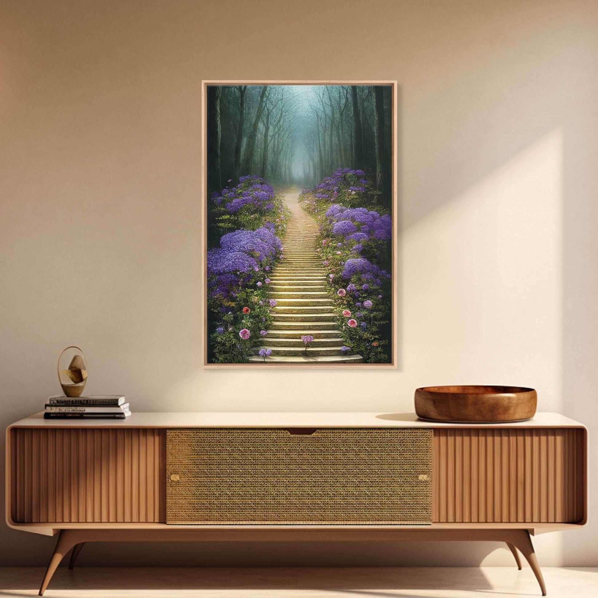 Lavender Lined Stairs Leading To The Haunted Forest, Fantasy Wall Art, framed canvas print, framed art - 8x12 Inches / Gallery Wrap Canvas - Ready To Hang