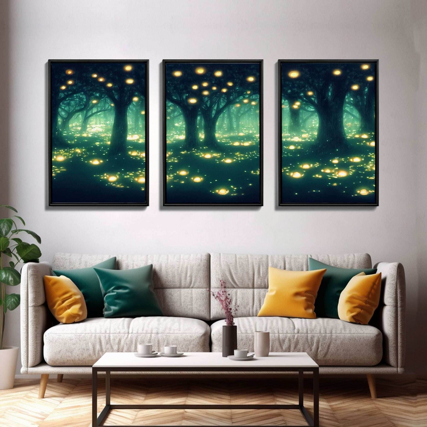 Fantasy forest wall decor, ready to hang 3 piece canvas print, 3 piece wall art, firefly wall art, Fireflies In A Fairy Forest at Night - 8x12 In. - 3 Pieces / Stretched Canvas