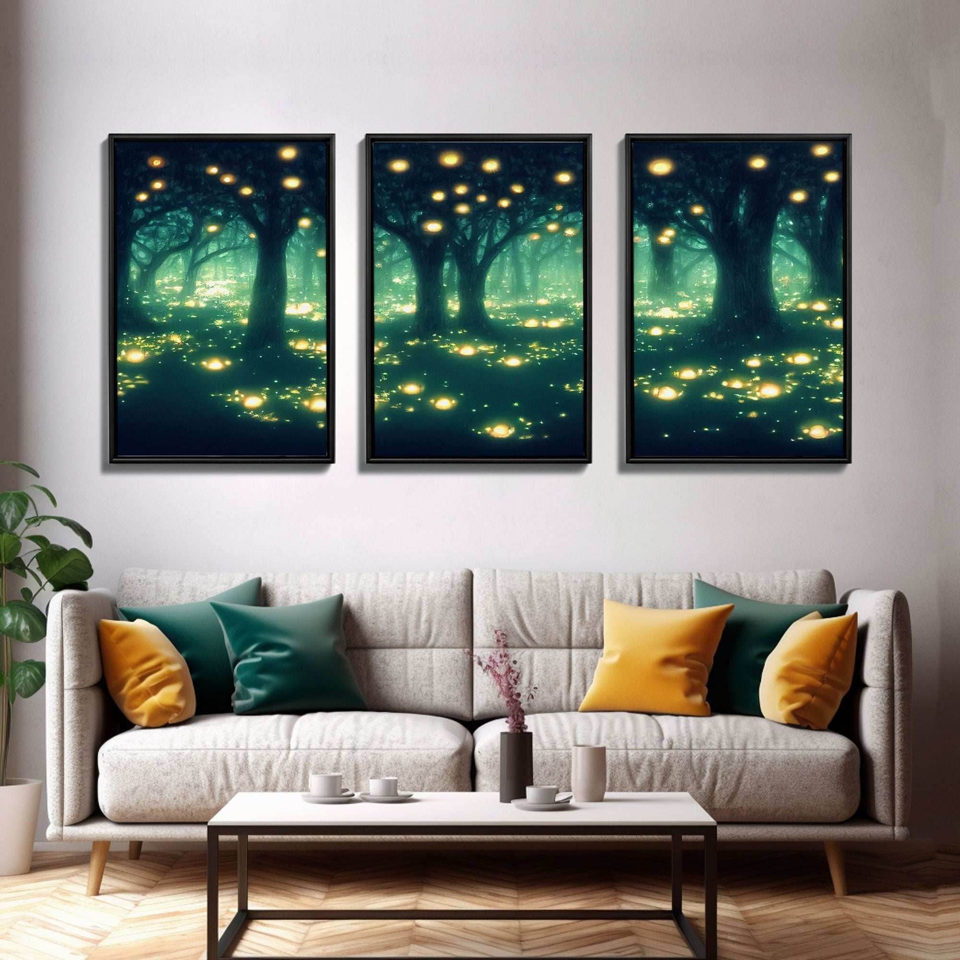 Fantasy forest wall decor, ready to hang 3 piece canvas print, 3 piece wall art, firefly wall art, Fireflies In A Fairy Forest at Night - 8x12 In. - 3 Pieces / Stretched Canvas