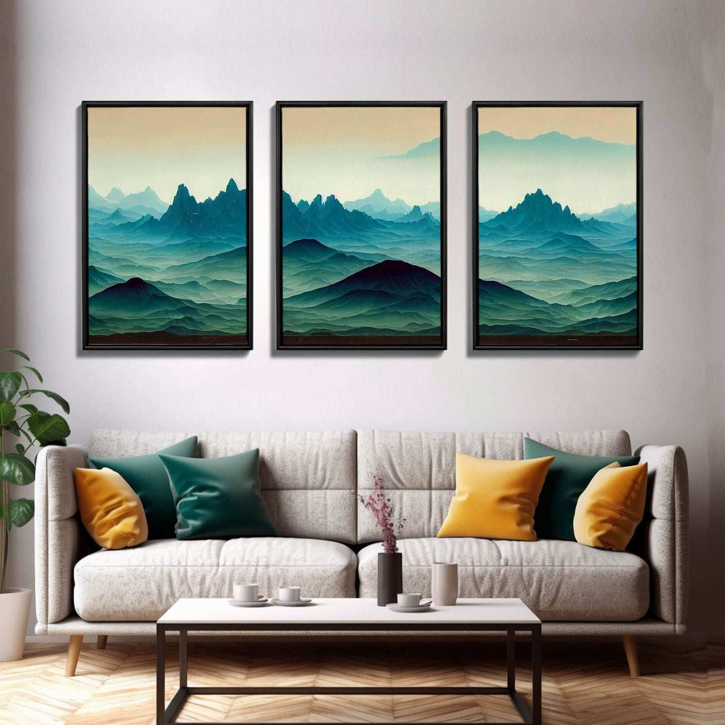 Emerald green rolling hills, fantasy mountains, 3 piece wall art, 3 piece canvas print, cool home wall decor - 8x12 In. - 3 Pieces / Stretched Canvas