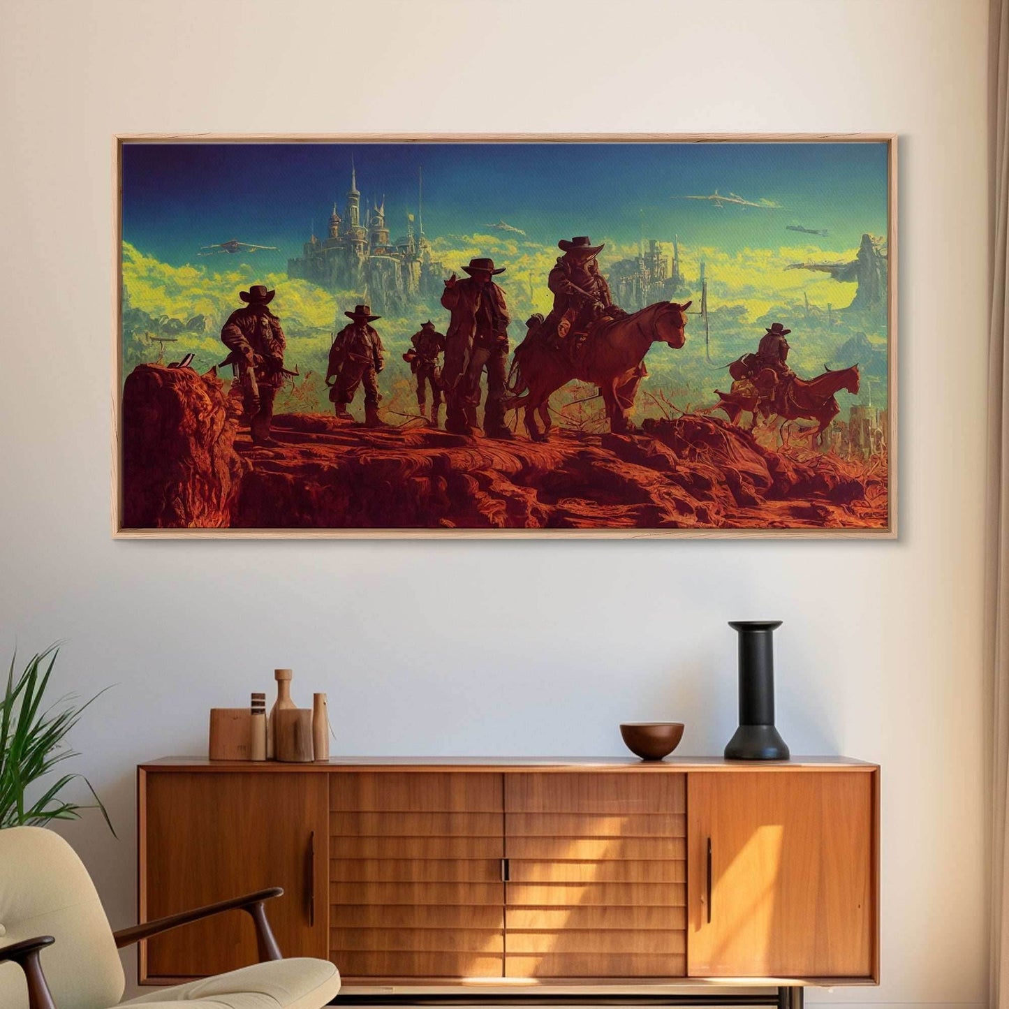 Space Cowboys, Wildwest Scifi Mashup Fantasy Art, framed canvas print, ready to hang framed wall art - 10x20 Inches / Gallery Wrap Canvas - Ready To Hang