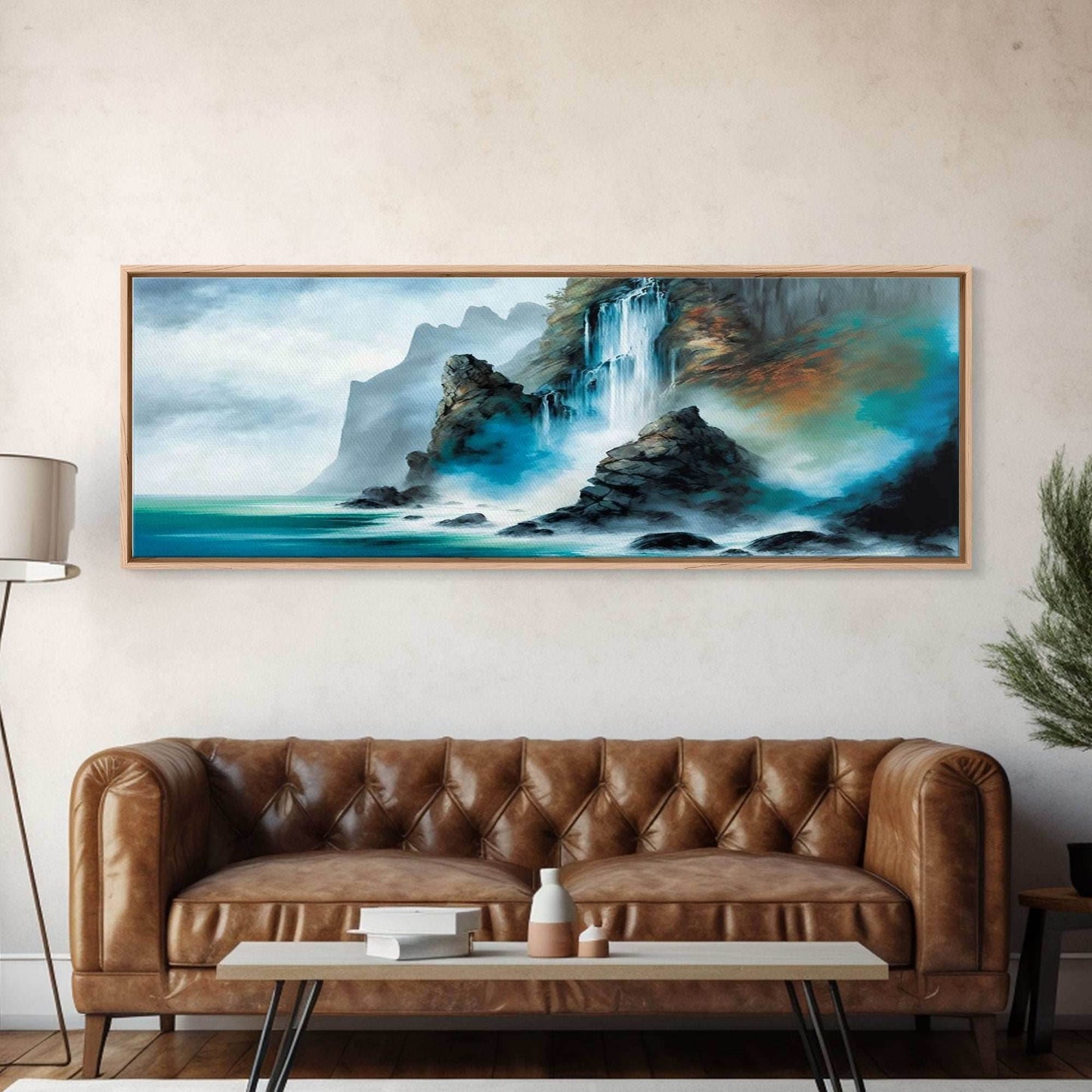 Fantasy Waterfall Canvas Print - Panoramic Landscape Painting - Perfect for Living Room and Bedroom Decor - 10x30 Inches / Gallery Wrap Canvas - Ready To Hang