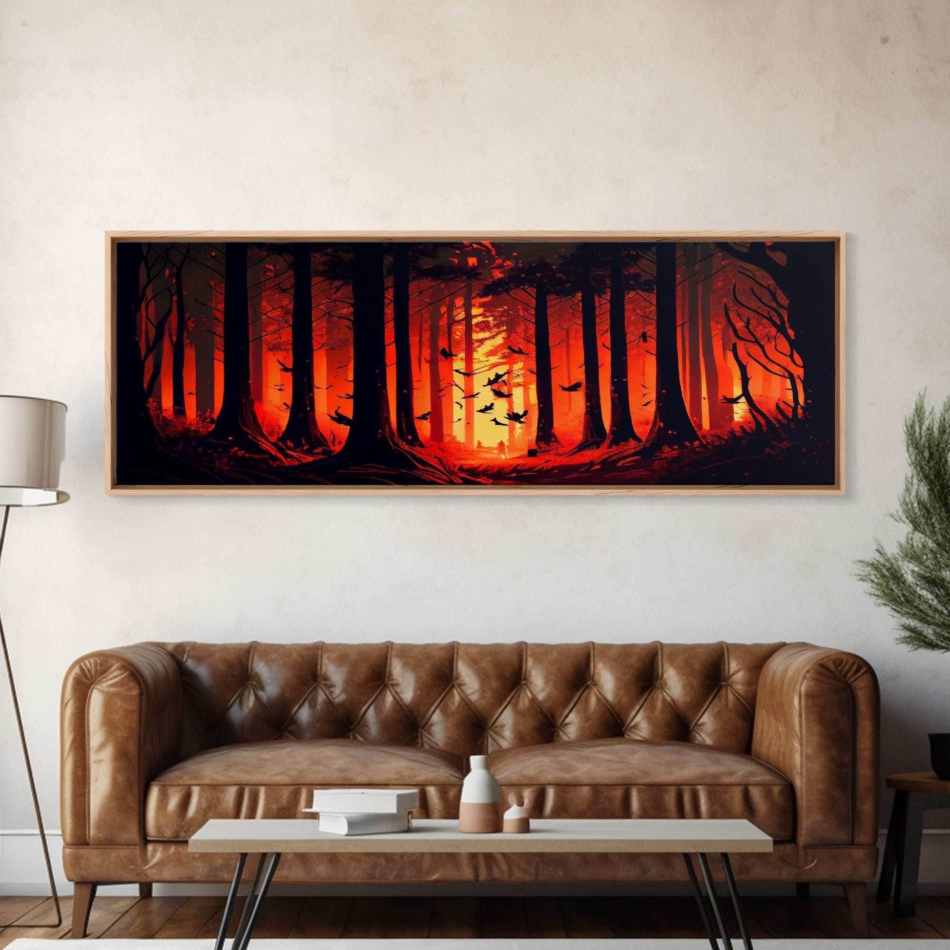 Forest Landscape Art, Forest Fire, Fall / Autumn Decor, Panoramic Wall Art, Framed Canvas Print, Orange and Yellow Fantasy Forest - 10x30 Inches / Gallery Wrap Canvas - Ready To Hang