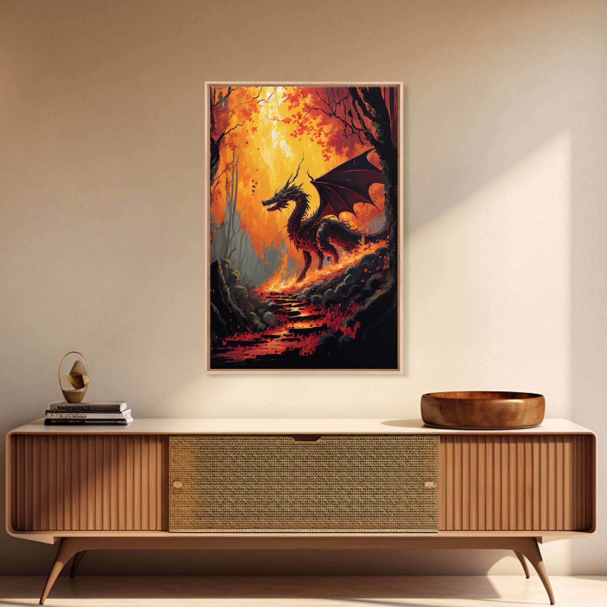 Fiery Dragon Burning Down Forest Canvas Print - Mystical Fantasy Wall Art Home Decor Artwork - 8x12 Inches / Gallery Wrap Canvas - Ready To Hang