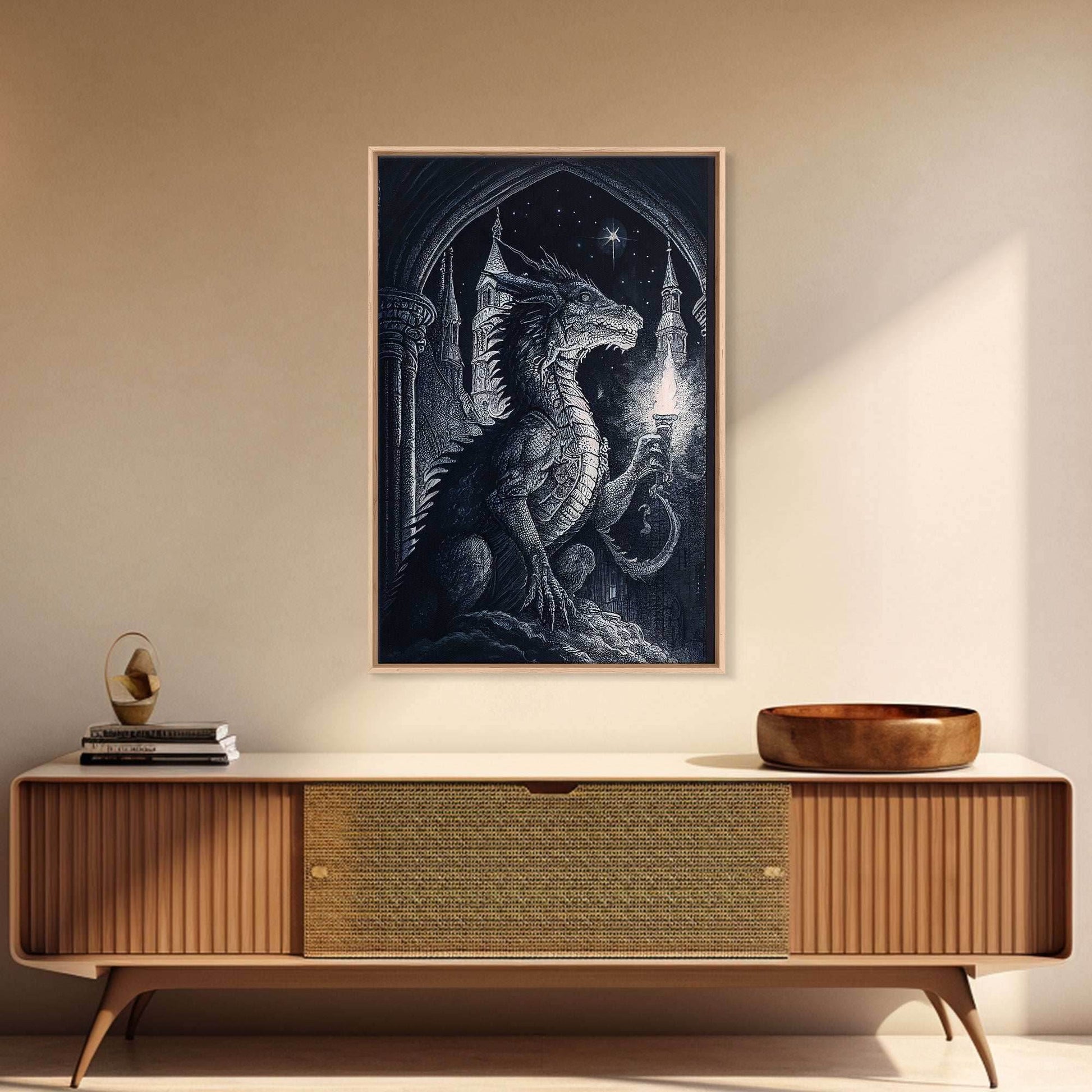 Black and white fantasy dragon, framed canvas print - 8x12 Inches / Gallery Wrap Canvas - Ready To Hang