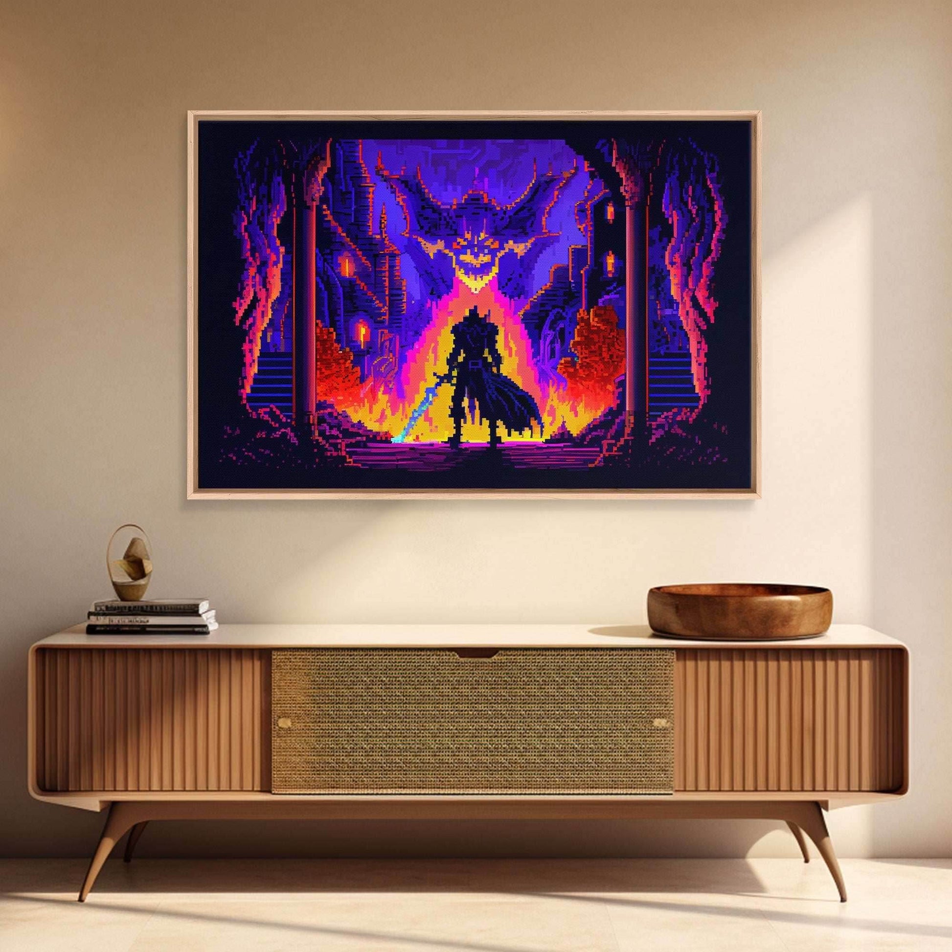 8 bit Pixel art, RPG video game concept art, Paladin faces the Dragon, synthwave style, framed canvas print - 8x12 Inches / Gallery Wrap Canvas - Ready To Hang