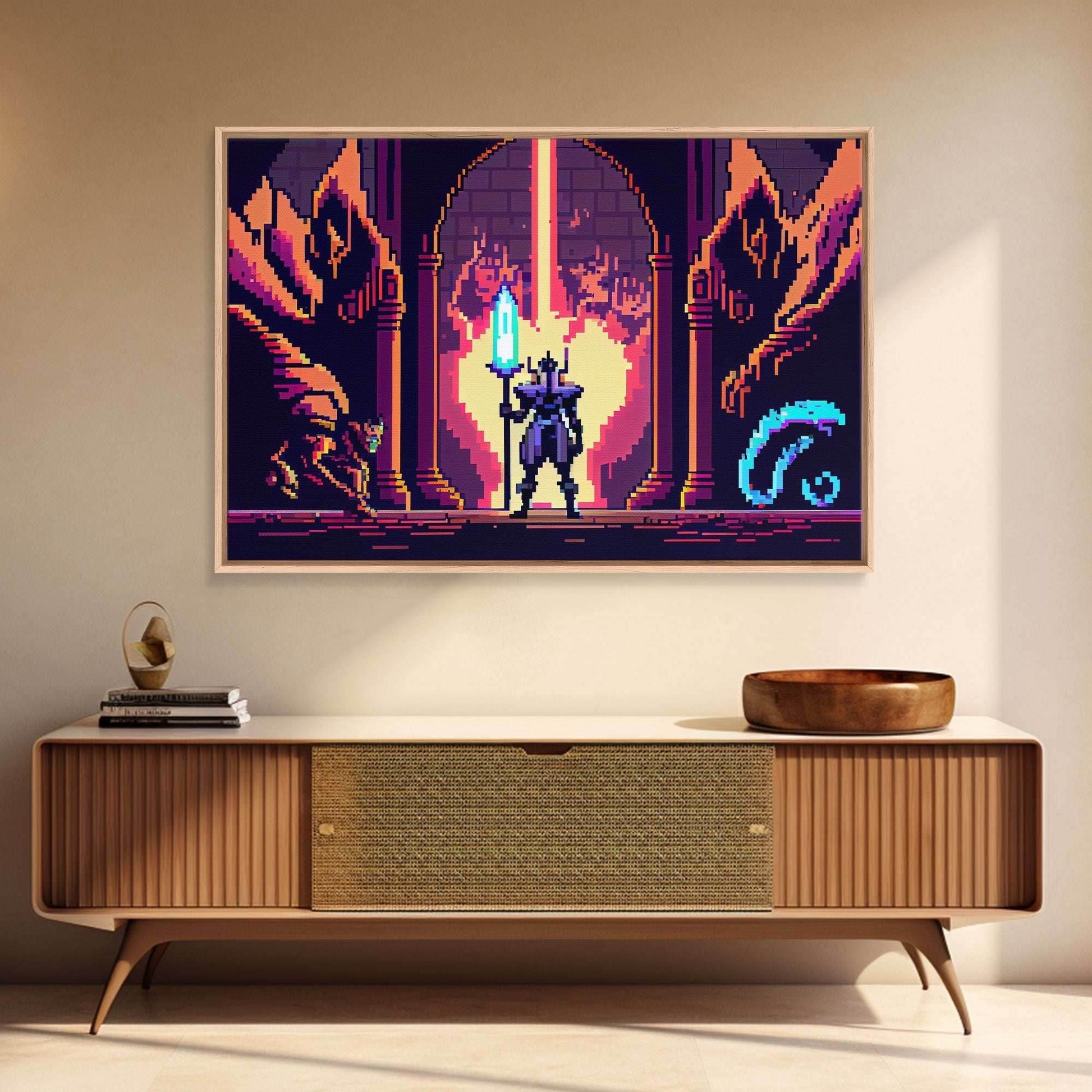 RPG pixel art, fantasy pixel art, Paladin Templar Art, synthwave style, framed canvas print, man cave art - 8x12 Inches / Gallery Wrap Canvas - Ready To Hang