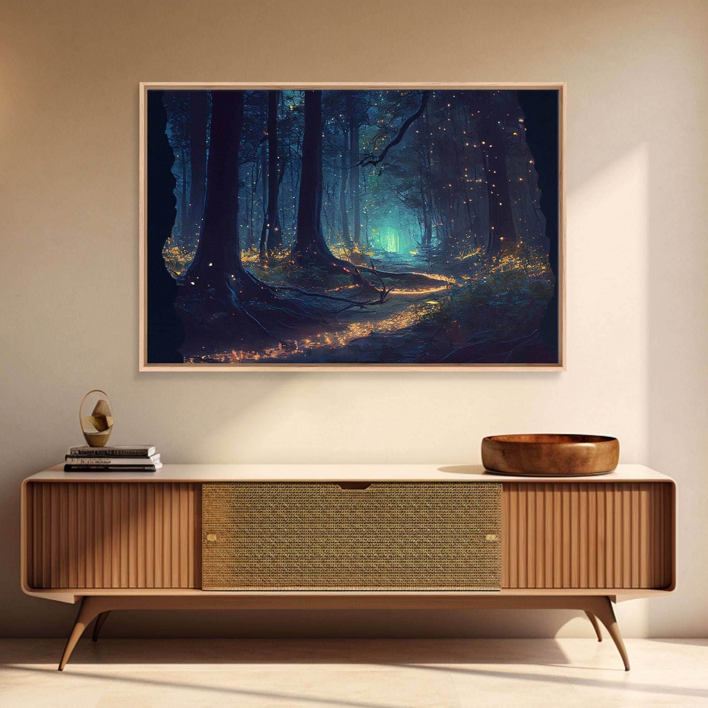 The magical enchanted forest is lit brightly with fireflies at night, framed canvas print, fantasy art - 8x12 Inches / Gallery Wrap Canvas - Ready To Hang