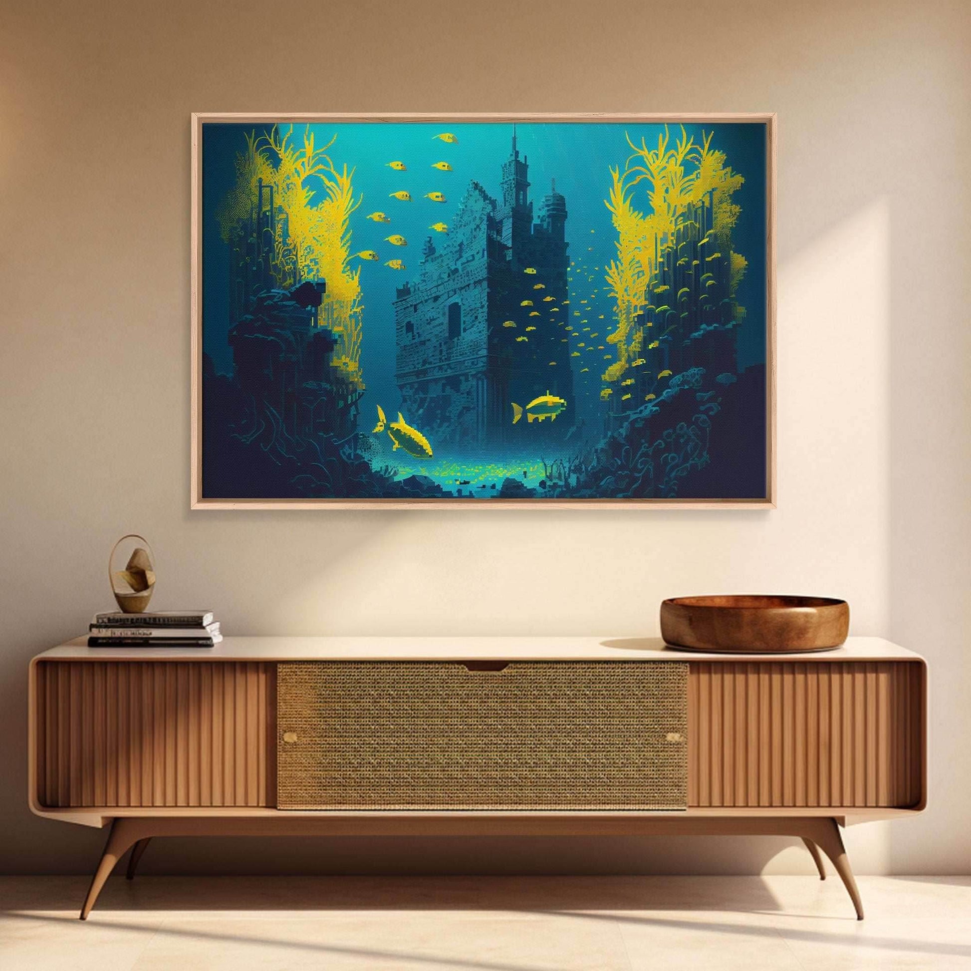 Underwater castle fantasy art, 8 bit pixel art for videogame room, framed canvas print - 8x12 Inches / Gallery Wrap Canvas - Ready To Hang
