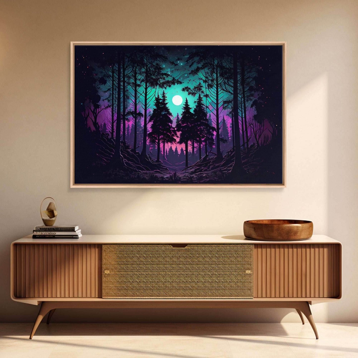 Fantasy forest art, full moon visible through the trees, framed canvas print, framed wall art - 8x12 Inches / Gallery Wrap Canvas - Ready To Hang