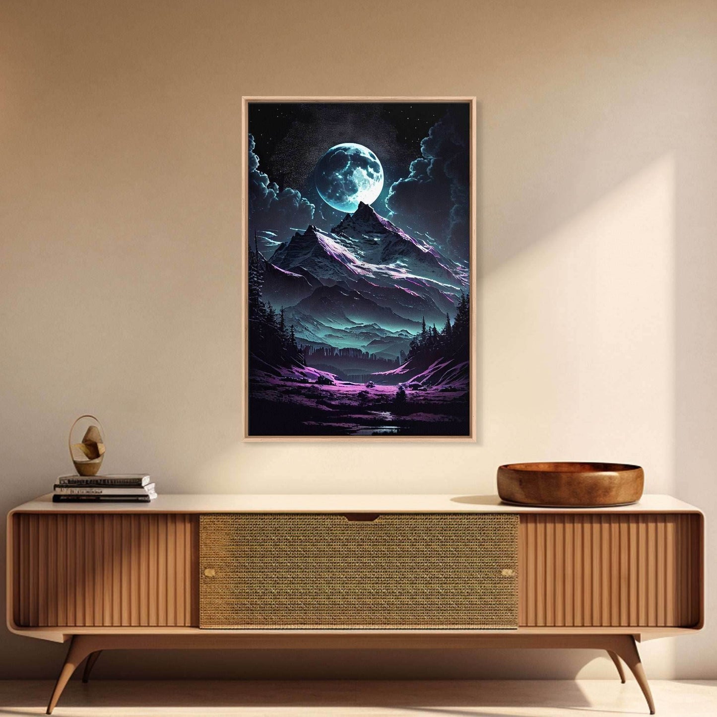 Mythical mountains fantasy art, framed canvas print, full moon over a mystical mountain landscape - 8x12 Inches / Gallery Wrap Canvas - Ready To Hang