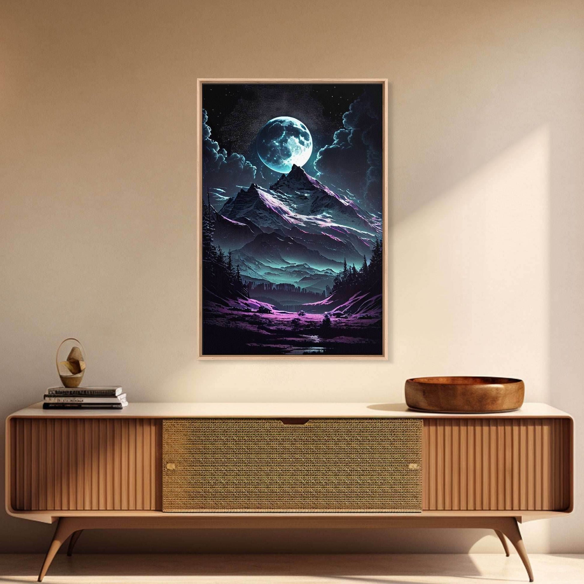 Mythical mountains fantasy art, framed canvas print, full moon over a mystical mountain landscape - 8x12 Inches / Gallery Wrap Canvas - Ready To Hang