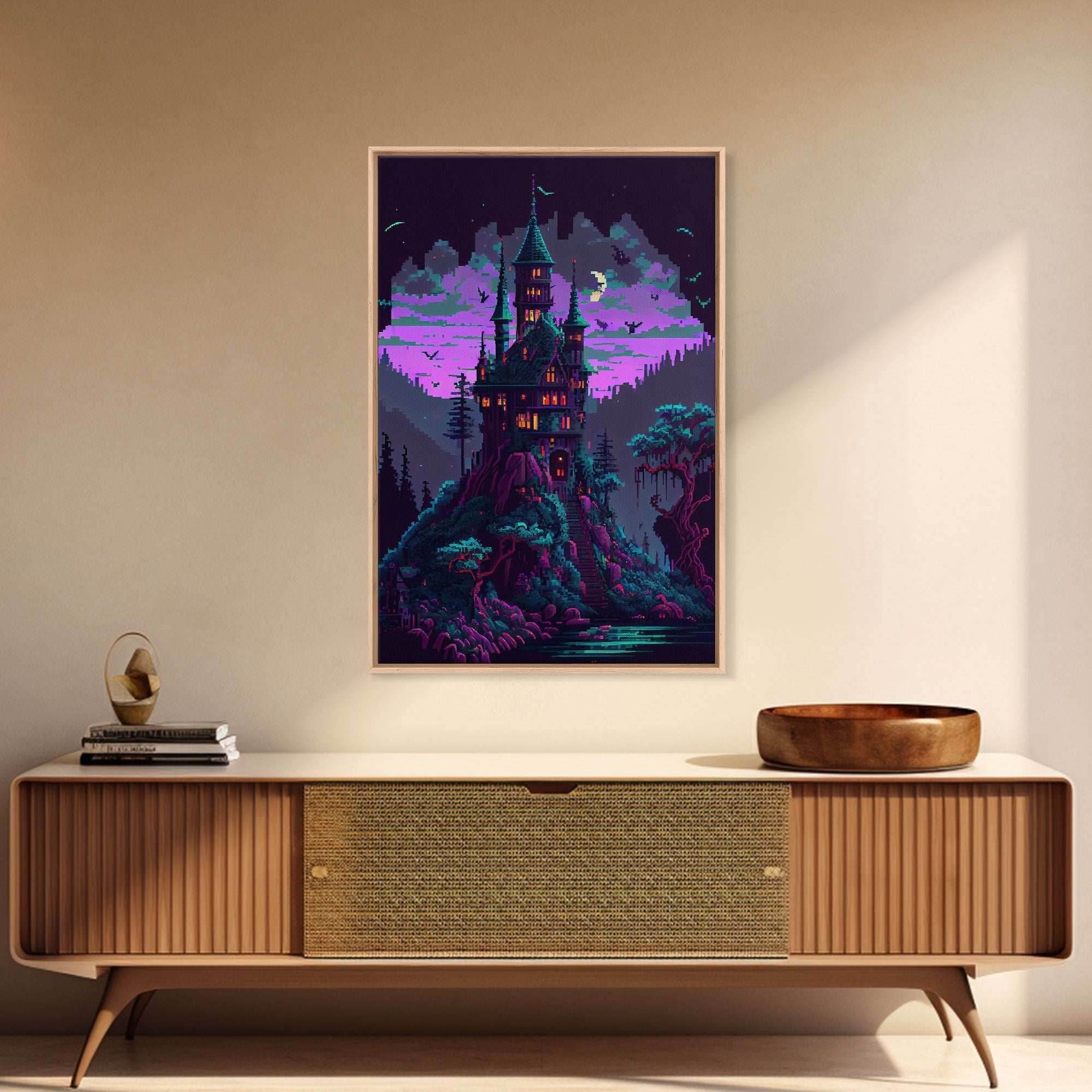 Transylvania Art, Cool Medieval castle 8 bit pixel art, fantasy art, framed canvas print, Cool castle art - 8x12 Inches / Gallery Wrap Canvas - Ready To Hang