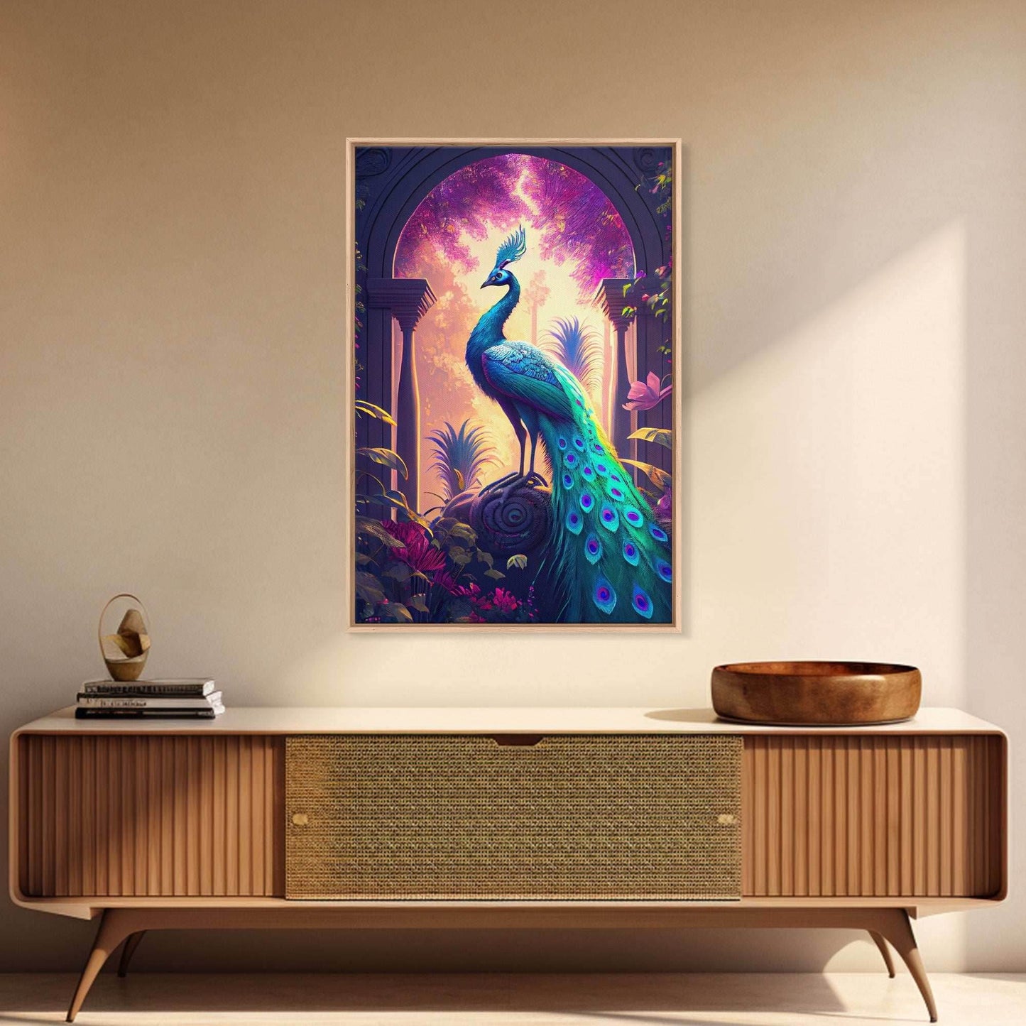 Turquoise peacock art, fantasy decor, framed canvas print - 8x12 Inches / Gallery Wrap Canvas - Ready To Hang