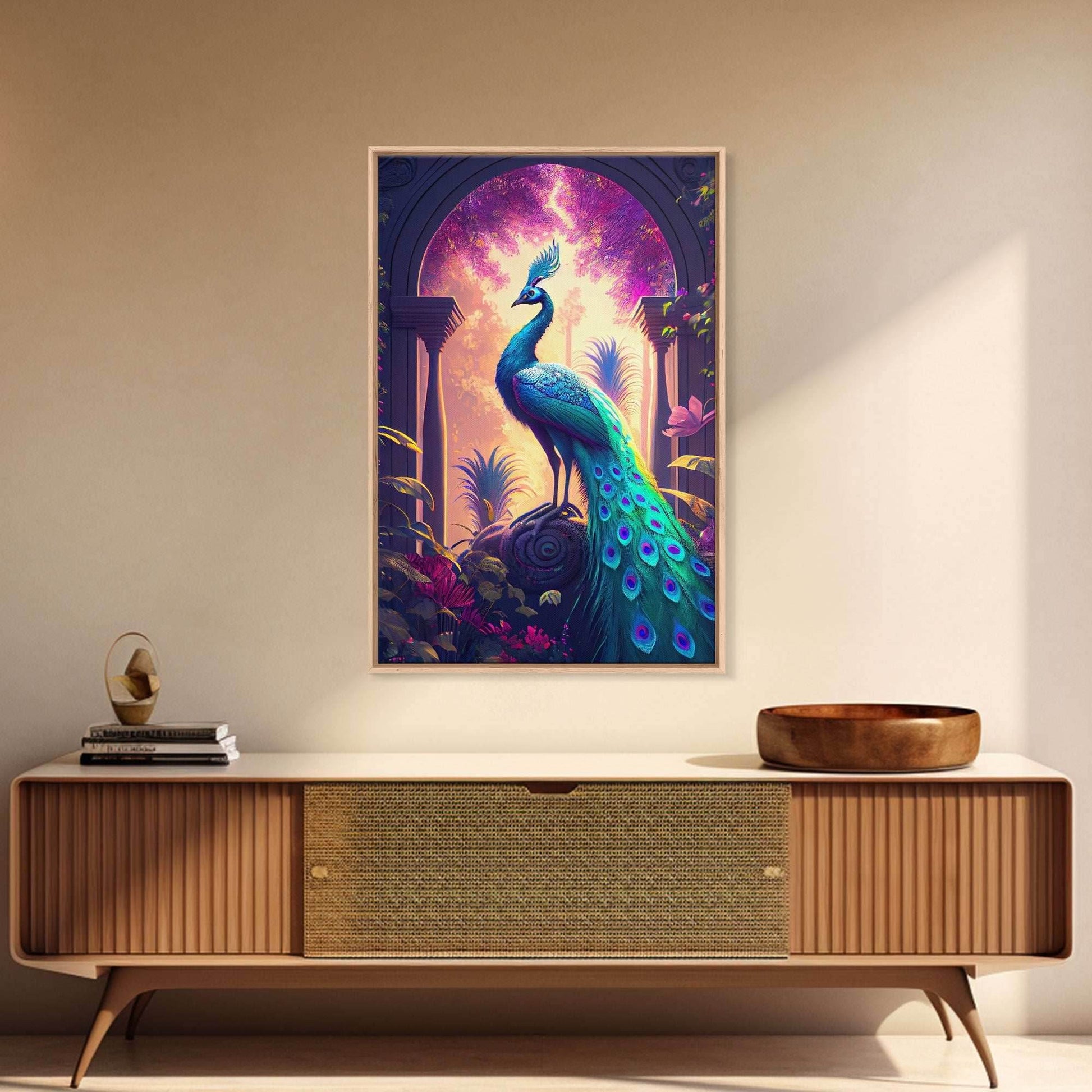 Turquoise peacock art, fantasy decor, framed canvas print - 8x12 Inches / Gallery Wrap Canvas - Ready To Hang