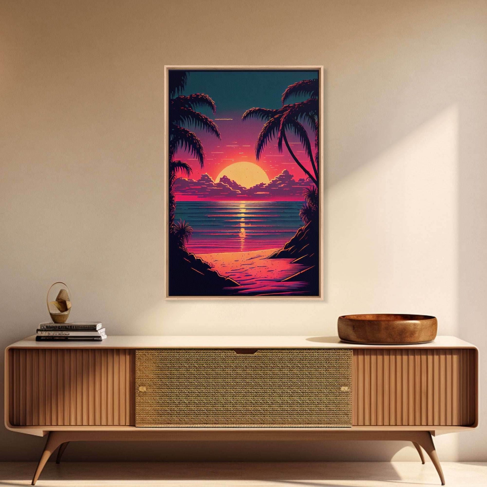 8 bit pixel art sunset, synthwave style palm tree beach, framed canvas print, framed wall art painting - 8x12 Inches / Gallery Wrap Canvas - Ready To Hang
