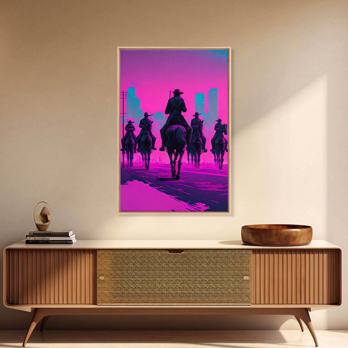 Post-Apocalyptic Cowboys, Vaporwave Aesthetic fantasy art, framed canvas print - 8x12 Inches / Gallery Wrap Canvas - Ready To Hang