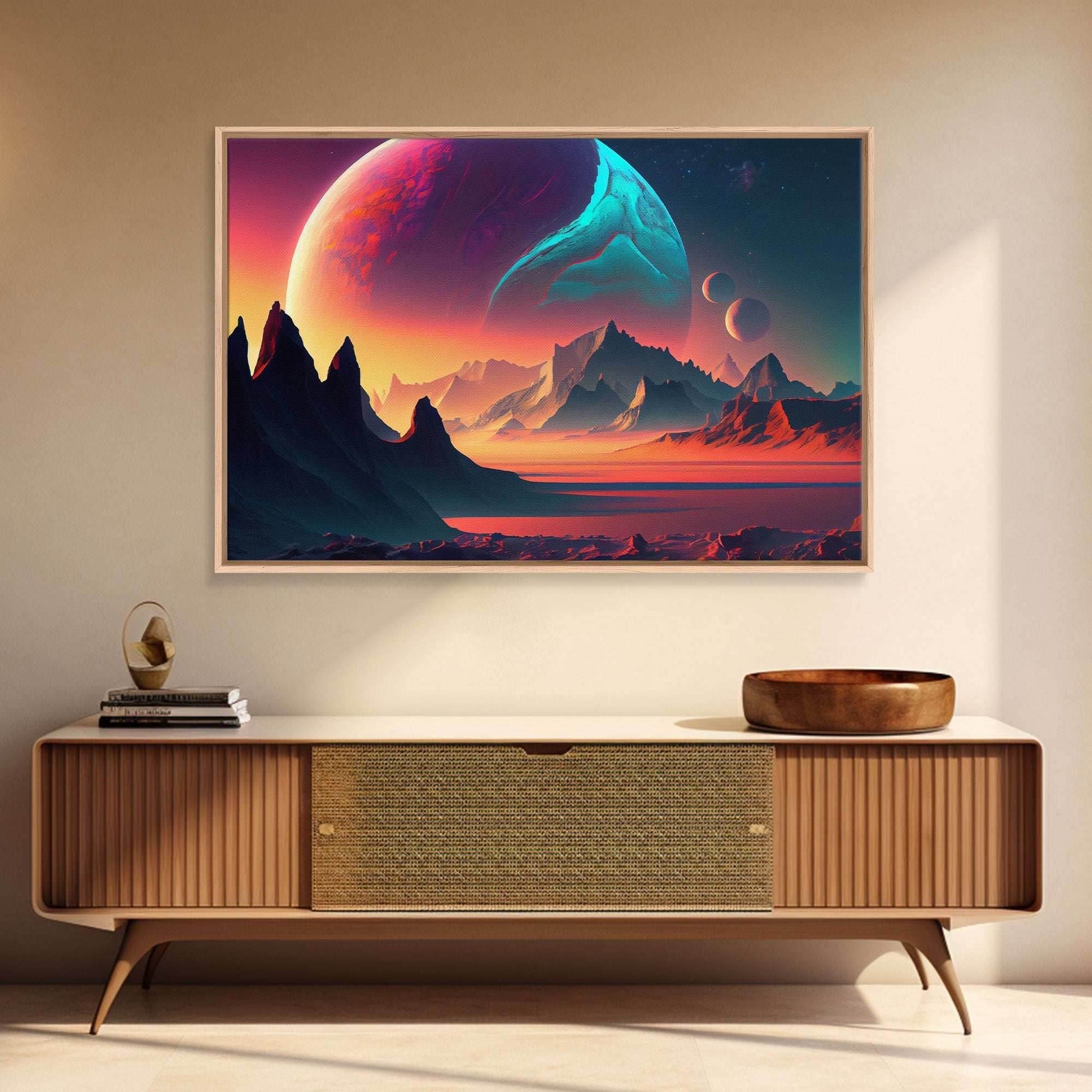 3 Moon Fantasy World, Retro Style Sci-Fi Art, Framed Canvas Print, Futuristic Art, Fantasy Decor - 8x12 Inches / Gallery Wrap Canvas - Ready To Hang