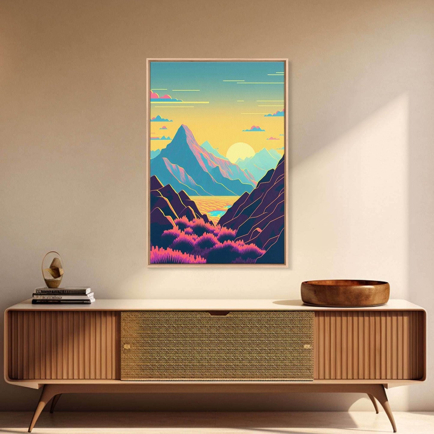 Peach Sunset, Fantasy Mountain Landscape Art, Framed Canvas Print, Minimalist Art Deco Inspired Wall Art - 8x12 Inches / Gallery Wrap Canvas - Ready To Hang